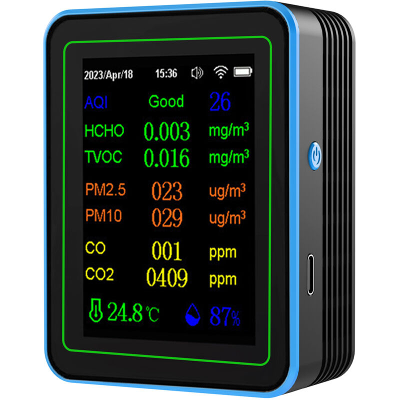 Eosnow - Détecteur de qualité de l'air WiFi 12 en 1, dioxyde de carbone avec affichage de l'heure/date aqi PM2.5 PM10 hcho tvoc co CO2 Testeur de