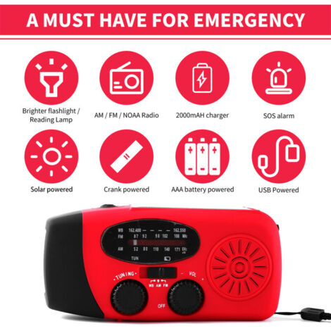 Eosnow Hand-Crank Emergency Radio with LED Flashlight, AM/FM NOAA, Portable Weather, Dynamo, 2000mAh Power Bank, Phone Charger, USB Charging, and Solar Camping
