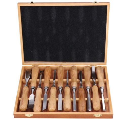 Eosnow Herramientas de tallado de madera, juego de cincel de grabado con mango de madera, hoja CRV, 12 Uds., para manualidades DIY
