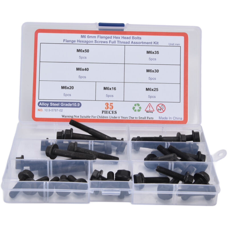 Kit d'assortiment de boulons hexagonaux en acier au carbone, 35 pièces, M6, niveau 10.9, noir, pour connexion - Eosnow