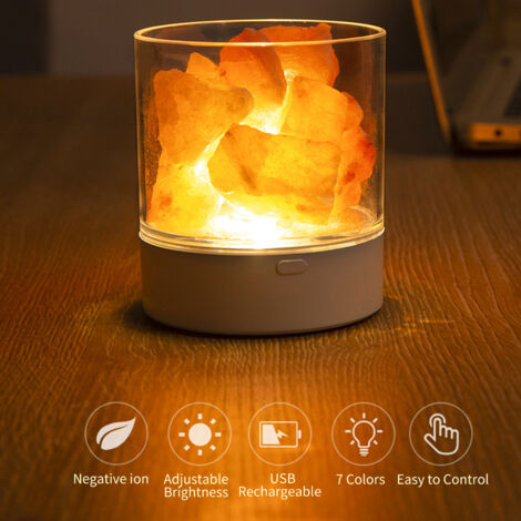 Eosnow Luce notturna con pietra di sale dell'Himalaya, 7 colori, lampada a LED in cristallo di rocca, portatile, USB, purificazione dell'aria naturale, per auto, casa, ufficio, camera da letto, decora