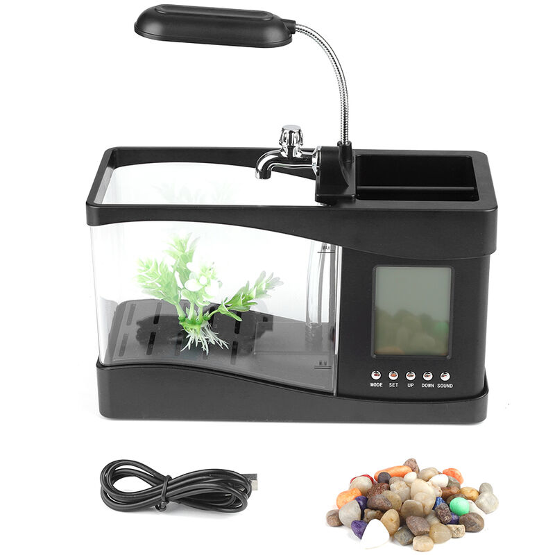 Eosnow - Mini Aquarium,Rechargeable usb Multifonctionnel Avec Fonction D'Horloge LumièRe LED,Aquarium Multifonctionnel,Noir
