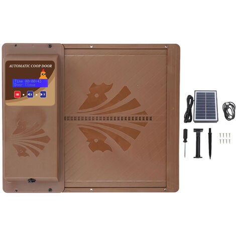 Eosnow Ouvre-porte automatique de poulailler à énergie solaire USB avec minuterie affichage LED programmable 3 modes d'alimentation type ouvert horizontalement marron