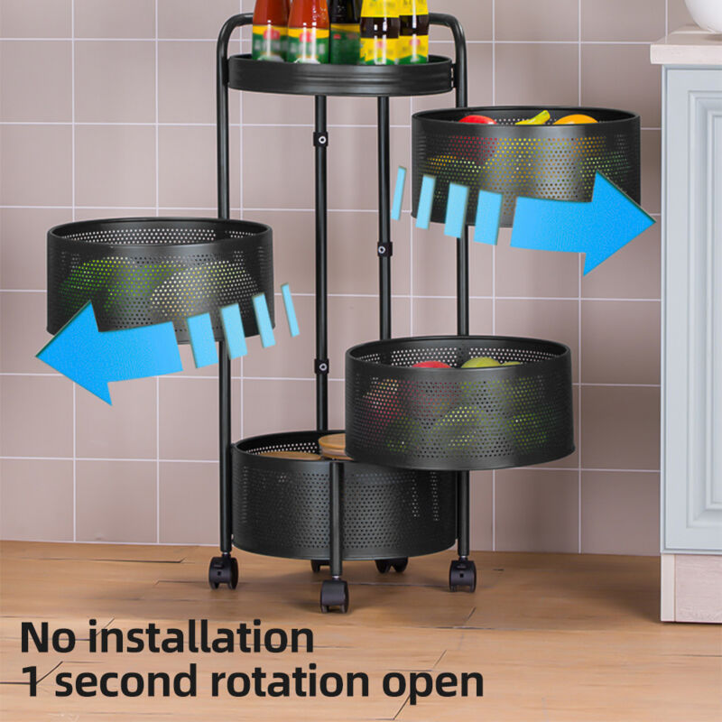 Support de rangement rotatif pour cuisine, sans assemblage, panier circulaire à 3 niveaux en acier au carbone avec roulettes, gain de place,