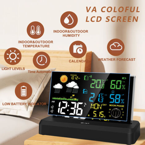 Eosnow Sveglia digitale elettronica ad alta definizione con display positivo, termometro e igrometro per interni ed esterni, previsioni del tempo, radio wireless e onde meteorologiche.