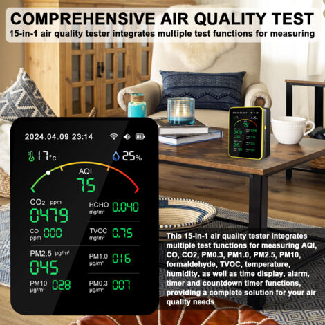 Eosnow Tuya WiFi15in1 Luftqualitätsdetektor Haushalt tragbarer AQI PM0.3 PM1.0 PM2.5 PM10 CO CO2 TVOC HCHO TESTER TFT Anzeige Multifunktionale Zeittemperatur- und Feuchtigkeitstestmesser Vielseitiger 