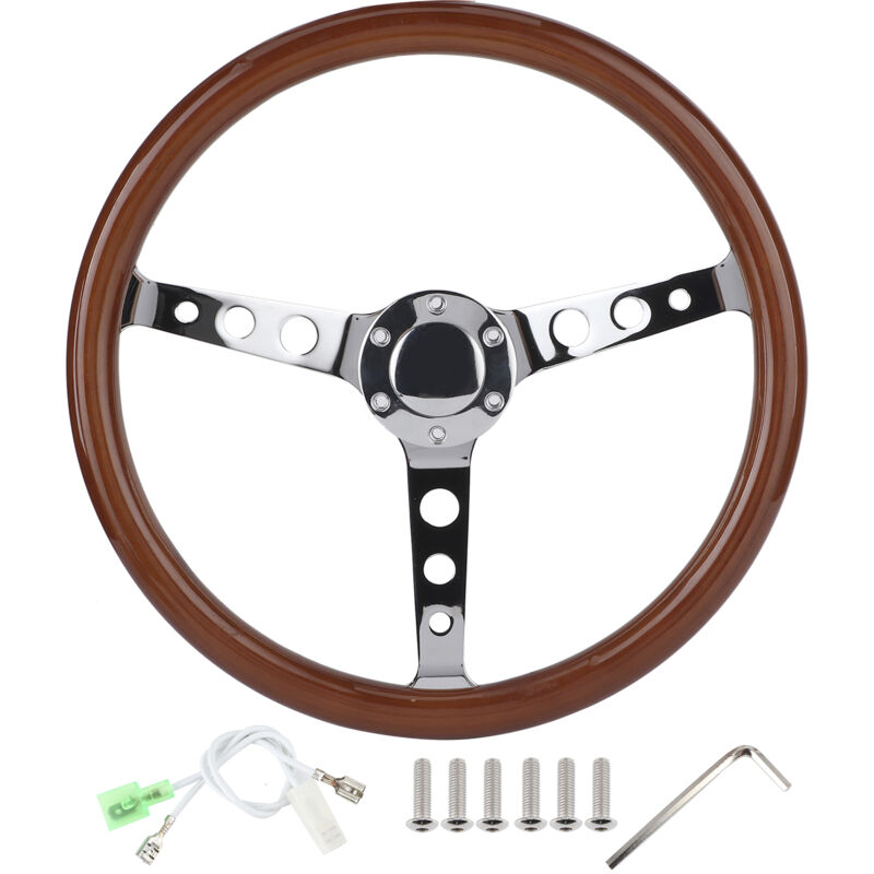Volant rétro à 6 trous de 15 pouces, poignée en bois d'acajou, rayons en acier inoxydable avec cble de couverture de klaxon - Eosnow