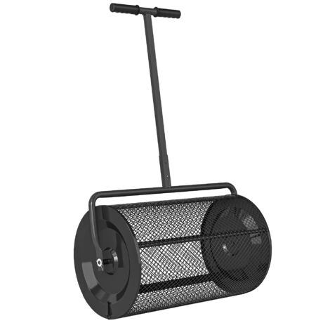 Épandeur à compost 75 L épandeur de gazon avec poignée en T rouleau en treillis métallique 70 x 40 x 112 cm noir