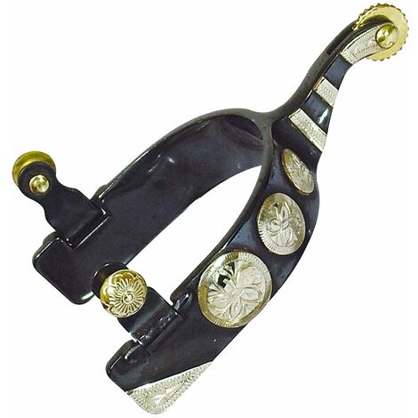 Eperons de corde en fer bruni avec boutons et roues en laiton et décorations en maillechort
