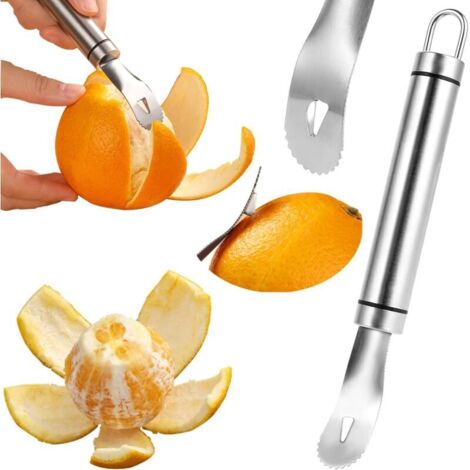 Éplucheur d'orange en acier inoxydable facile et rapide à éplucher à long manche pour orange et agrumes - Pelle triangulaire et pelle dentelée - Gadgets de cuisine créatifs