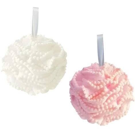 Éponge de bain, lot de 2 éponges de douche, éponge en dentelle avec boules, jolie éponge de bain, fleur de bain avec ruban, peaux sensibles, éponge blanche et rose