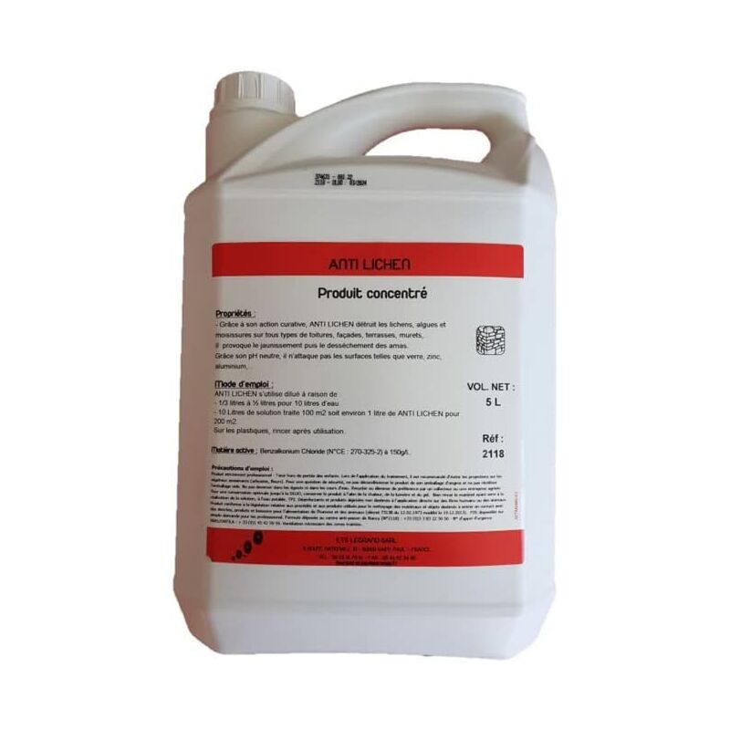 Anti Lichen 5L - Produit concentré pour toitures, façades, terrasses, murets.