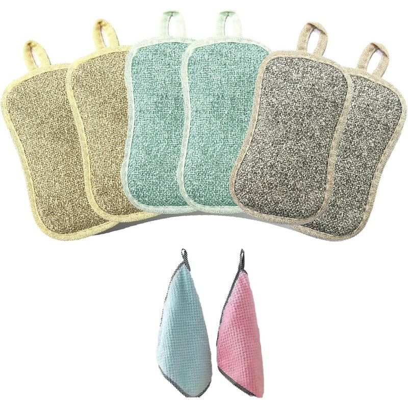 Eponge Reutilisable Lavable, 6 éponge Vaisselle+2 Chiffon Microfibre, Tampons Grattants Non Rayants Double Face, éponges écologiques Nettoie