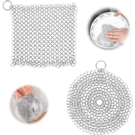 Eponges de Nettoyage en Fonte 2 Pièces Acier Inoxydable Tampon à RéCurer Fonte de Fer Nettoyant Ustensiles de Cuisine pour Poêles Plaques de Cuisson Poêles ou Woks et Plus Encore Ronde Carré 125mm