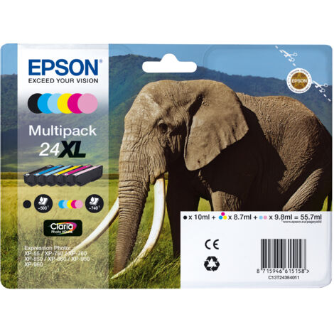 Epson Elephant C13T24384021 cartouche d'encre 6 pièce(s) Original Rendement élevé (XL) Noir, Cyan, Cyan clair, Magenta, Magenta clair, Jaune