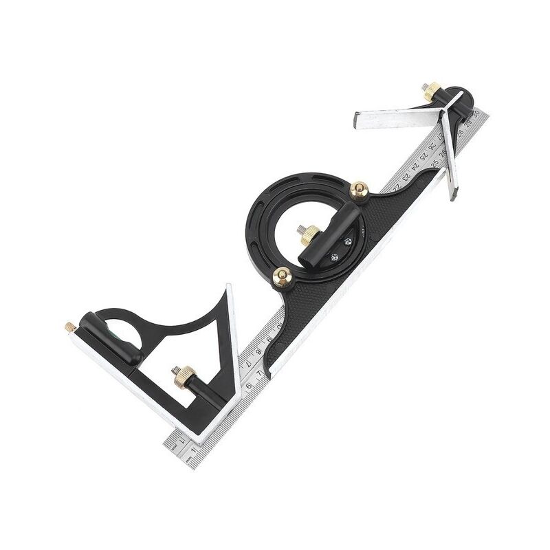 Équerre Combinée 300mm Avec Rapporteur d'Angle à Niveau à Bulle, Tête droite et Tête à Centrer Multifonction Réglable Angle Droit Règle Ingénieur