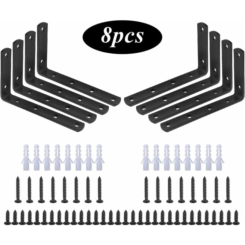 Querre de Fixation,8 Pcs en Forme de l à Angle Droit Bracket en Acier Inoxydable Noir,Équerre étagère 125mm x 75mm x 20mm/Support d'angle Brace avec