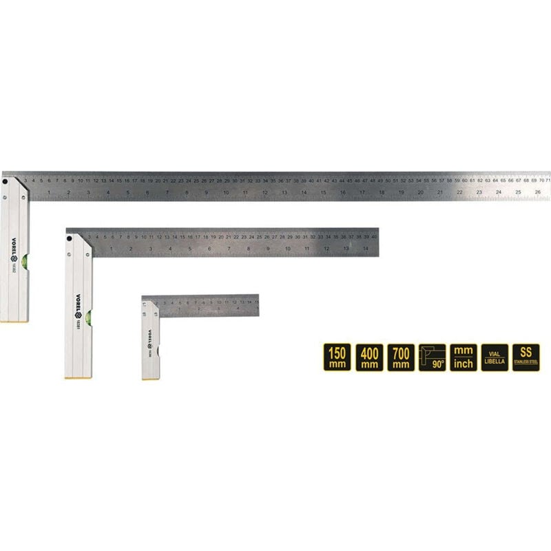 Querre de menuiserie avec niveau à bulle - 90 ° - longueur : 150 MM/400 MM/700 mm Vorel 18390
