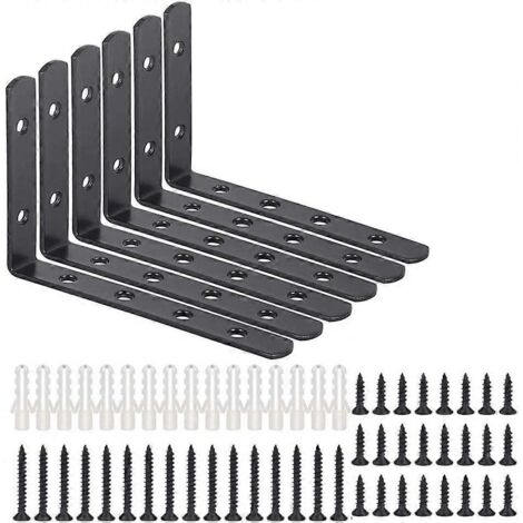 Équerre en L, supports d'étagère noirs, fixation murale noire, équerre d'angle à 90°, avec vis, lot de 6 - AquaForge