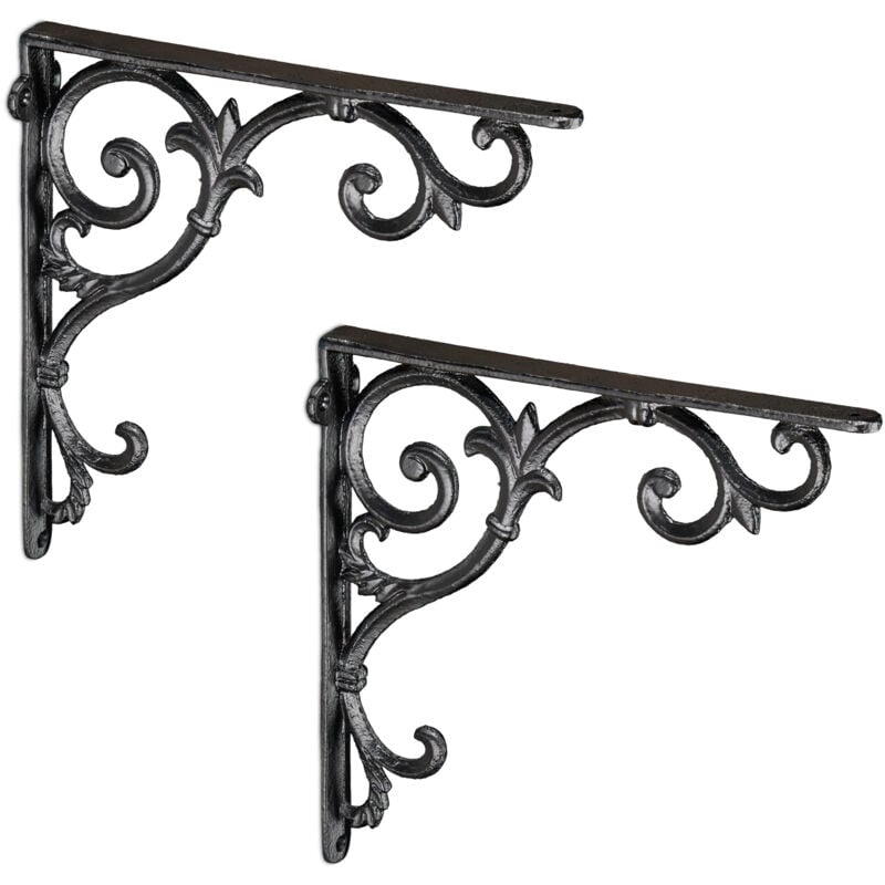 Querre étagère murale, lot de 4, ancien, support en fonte de fer, ornements baroques, noir - Relaxdays