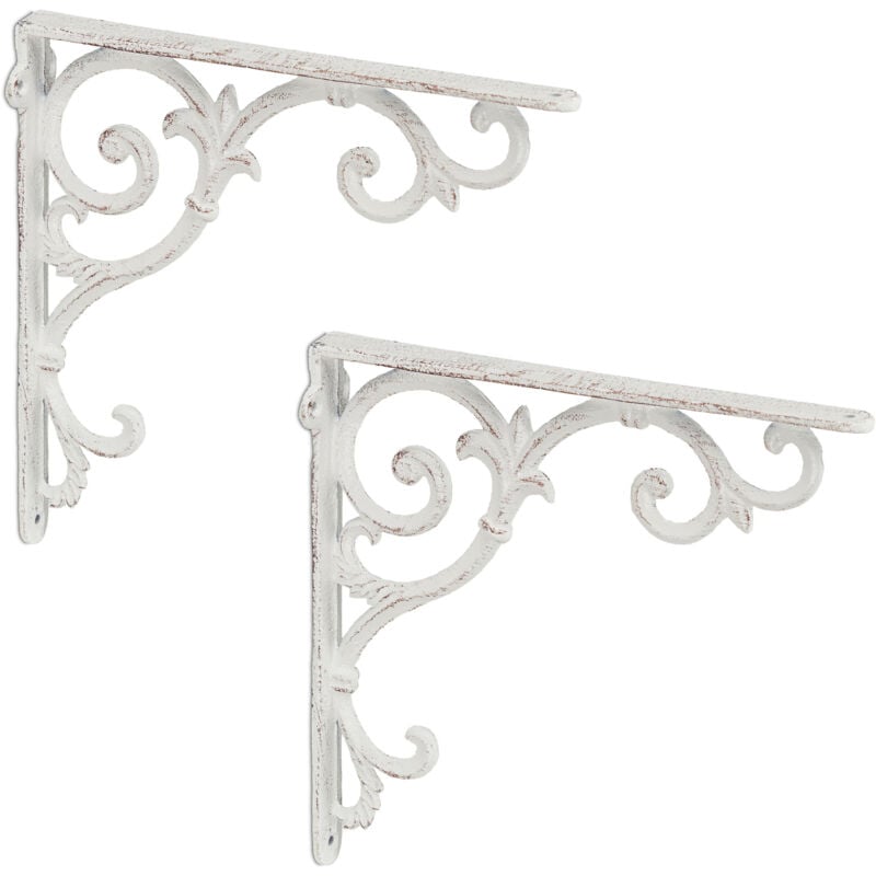 Querre étagère murale, lot de 6, ancien, support en fonte de fer, ornements baroques, blanc - Relaxdays