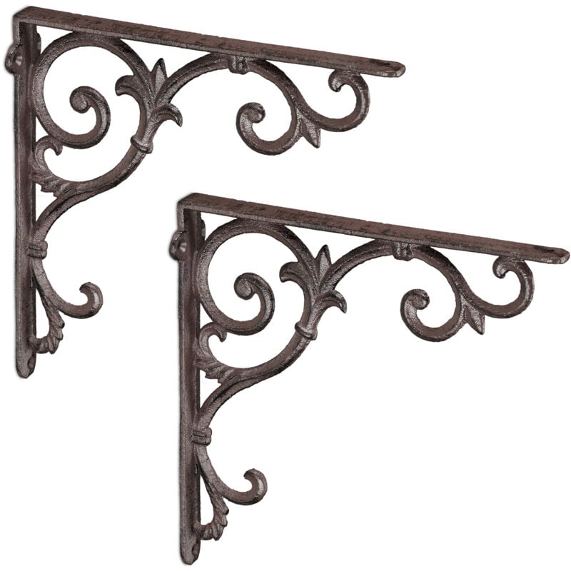 Querre étagère murale, lot de 8, ancien, support en fonte de fer, ornements baroques, marron - Relaxdays