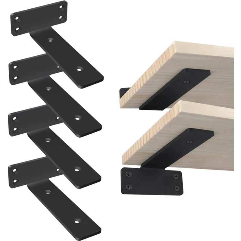Equerre Etagere Murale,4 Pièces 15cm Noir Support Étagère Murale Metal Industrielle Support d'Étagère,Invisible Equerre Fixation Etagere pour Cuisine