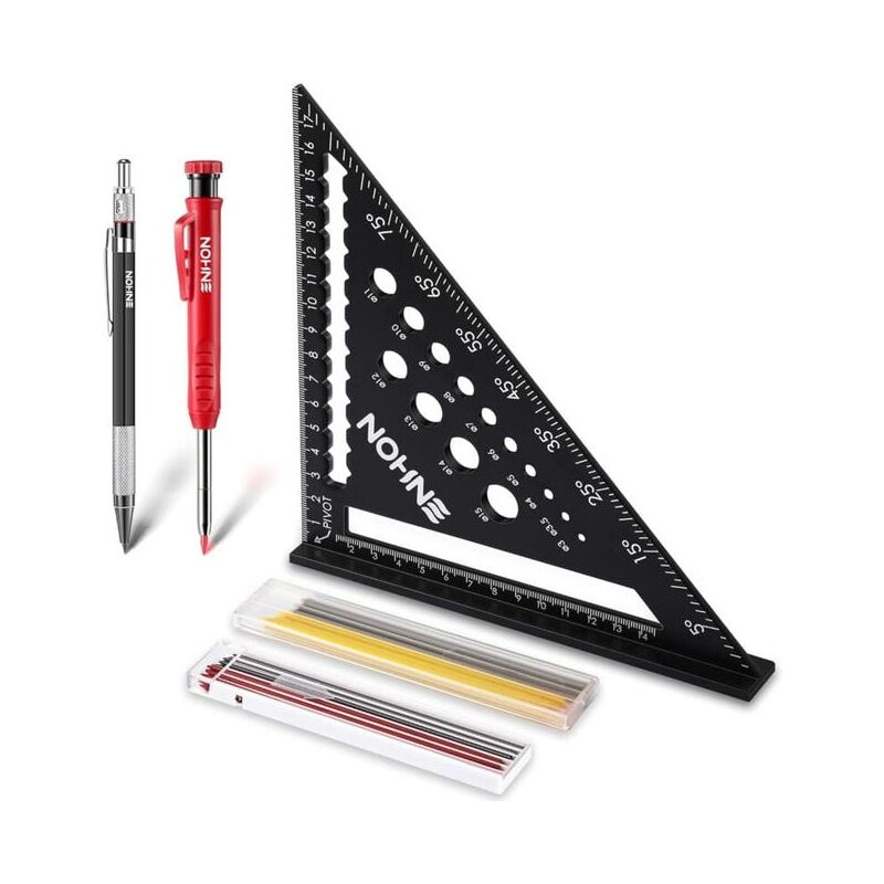Equerre Menuisier, Charpentier Multifonction 180 mm [Crayon Chantier + 18 Mines] Metal, Règle de Menuisier Regle Trusquin Rapporteur de 45à90 Degrés