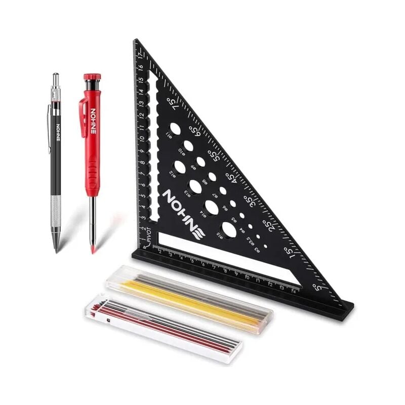 Tonchean - Equerre Menuisier, Charpentier Multifonction 180 mm [Crayon Chantier + 18 Mines] Metal, Règle de Menuisier Regle Trusquin Rapporteur de
