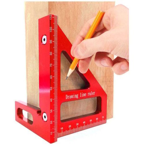 Equerre Menuisier-Jauge carrée en alliage d'aluminium - Angle de 45/90 degrés - Règle en T 3D - Outil de mesure pour le travail du bois - Pour charpentier (rouge)-