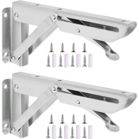 Équerre Pliante , 2 Pièces Étagère Pliante en Acier Inoxydable Support Console Pliable Equerre pour Etagere Murale, Cadre de Support D'étagère de Garage Charge Max 80kg