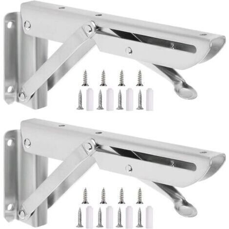 Équerre Pliante , 2 Pièces Étagère Pliante en Acier Inoxydable Support Console Pliable Equerre pour Etagere Murale, Cadre de Support D'étagère de Garage Charge Max 80kg