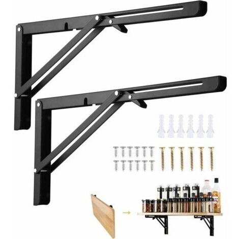 Équerre Pliante 400mm, 2 Pièces Noir Support Console Pliable, Supports D' étagères Pliants Charge, Lourds Support Console Pliable Rétractable, Equerre Etagere, Pour Garage, Cuisine, Chambre