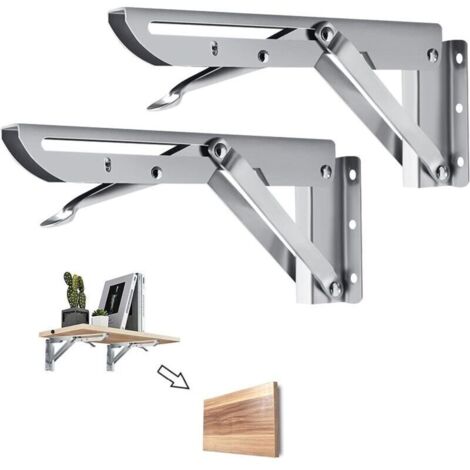 Équerre Pliante 450mm, 2 Pièces Étagère Pliante en Acier Inoxydable Support Console Pliable Equerre pour Etagere Murale, Cadre de Support D'étagère de Garage Charge Max 90kg
