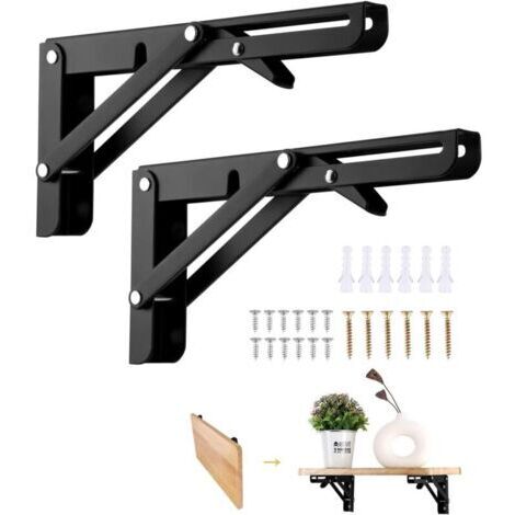 Équerre Pliante300mm, 2 Pièces Noir Support Console Pliable, Supports D' étagères Pliants Charge, Lourds Support Console Pliable Rétractable, Equerre Etagere, Pour Garage, Cuisine, Chambre.