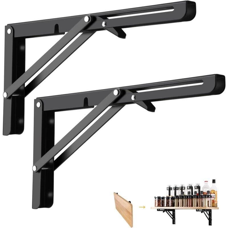 Aougo - querre Pliante300mm, 2 Pièces Noir Support Console Pliants Pliable Rétractable, Pour étagères Charge Lourds