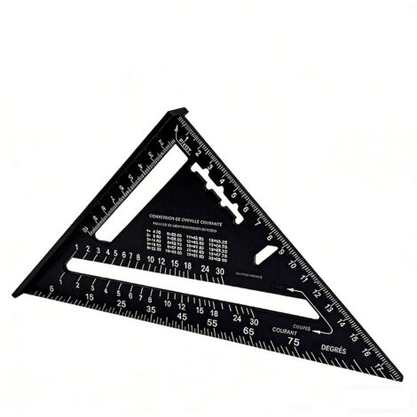 Équerre triangulaire 7 pouces 90 degrés en alliage d'aluminium pour menuiserie et charpente, conversion métrique/impériale, outil de mesure d'angle droit, noir, 1 pièce