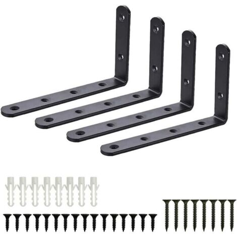 Équerres de Fixation, 4pcs Supports Angulaires Équerre Support Garage Mural en Acier Inoxydable Étagère, Equerre Murale Noir en Forme de L, DIY Industriel pour Meubles Décoration Connexion avec