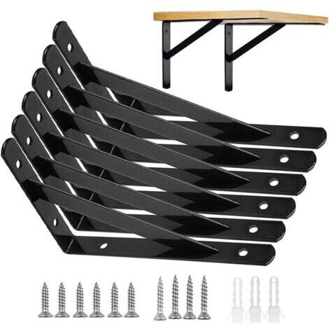 Equerres Etageres Murale, 6 Packs Supports équerre D'étagère Fixation, 15 × 9.5 CM Cadre Flottant de Supports Triangulaires de 90 Degrés en Métal Charge Lourde, Noir