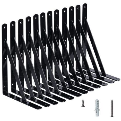 Équerres murales en acier 150 × 95 mm, lot de 10 supports d’angle noir avec vis et chevilles incluses