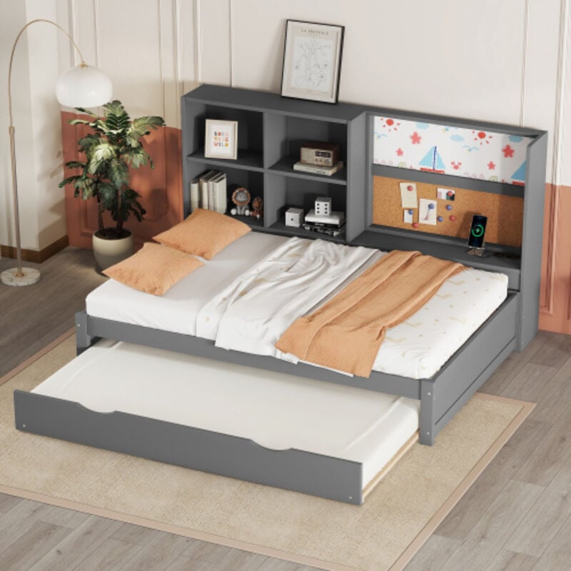 Okwish - Canapé-lit 90x200 cm avec lit gigogne, chargement usb, planche à dessin et multiple rangements, gris, sans matelas