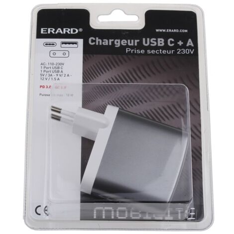 Erard - adaptador usb a+ usb c - 230v - 5v/3a - 728204 - 3700117282043
