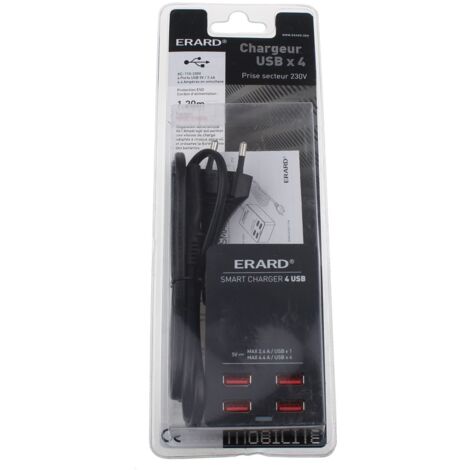 Erard - chargeur 4 usb sur secteur 230v - 4.4a max. - 1m - 728904
