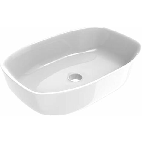 ERCOS Lavabo d'appoggio Rettangolare in ceramica, Lavabo Bagno Colore Bianco Lucido , Senza Troppopieno, Dimensioni 600X350 mm