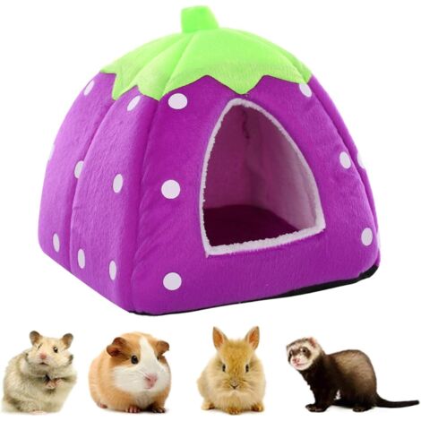 Erdbeerförmiges Haustierbett mit herausnehmbarem Kissen, geeignet für Hamster, Meerschweinchen und Mäuse.