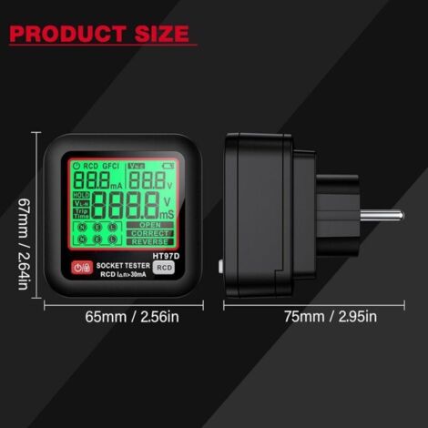 Erdungsdrahtprüfer für Steckdosentester, LCD-Anzeige, FI-Schutzschalter-Auslösetest, Polaritäts- und Phasenprüfung, AC 30–260 V, 45–65 Hz Steckdosendetektor