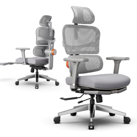 Ergonomischer Bürostuhl mit 4D-Armlehnen & adaptiver Lordosenstütze – 136° Neigefunktion, verstellbare Kopfstütze. Perfekt für langes Arbeiten (Grau)