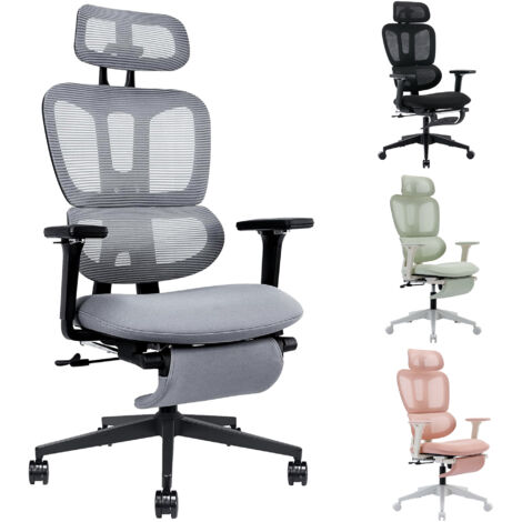 Ergonomischer Bürostuhl mit Fußstütze, hoher Rückenlehne, doppelter Rückenlehne, 2D-Kopfstütze, klappbaren Armlehnen, Schaumstoffsitz, Netzgewebe, grau