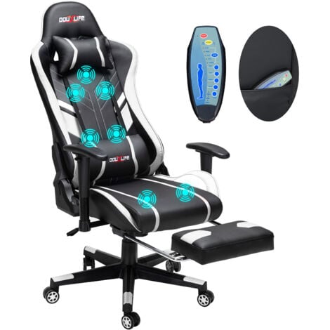 MAEREX Ergonomischer Massage-Gaming-Stuhl, Bürosessel mit Lordosenstütze, Kopfstütze und Fußstütze, höhenverstellbar – Schwarz und Weiß