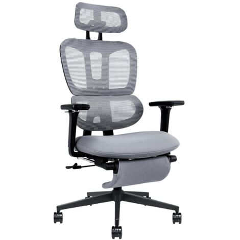 Ergonomischer Netz-Bürostuhl mit ausziehbarer Fußstütze, doppelter Rückenlehne, Lendenwirbelstütze und 4D-Armlehnen, Grau
